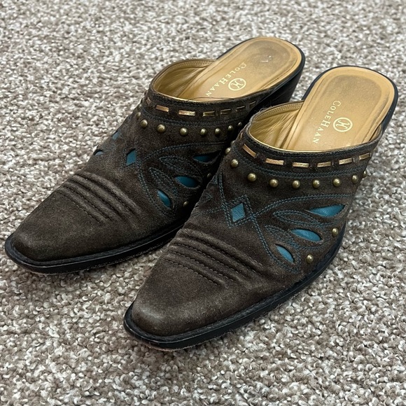 Cole Haan Morgan Studded Dark Brown Suede Western Cowboy Clog Mule US Women 7 - Picture 2 of 10